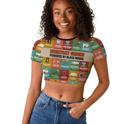 Everyday Genius Powered by Black Minds Raglan Cropped T shirt with Colorful Invention Icons Pattern - African Pride