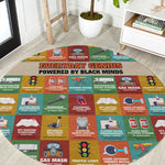 Everyday Genius Powered by Black Minds Round Carpet with Colorful Invention Icons Pattern - African Pride