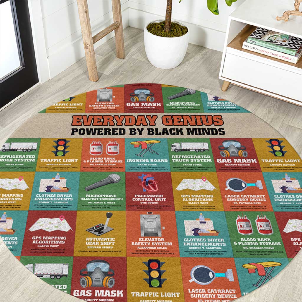Everyday Genius Powered by Black Minds Round Carpet with Colorful Invention Icons Pattern - African Pride