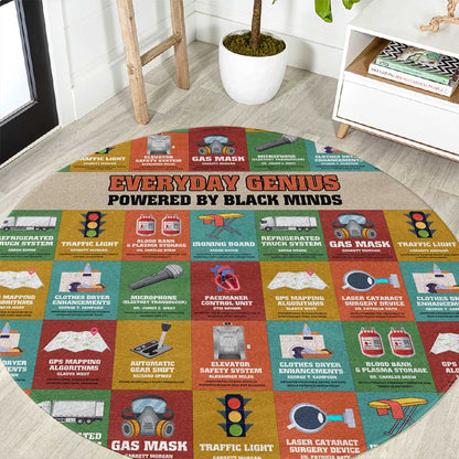 Everyday Genius Powered by Black Minds Round Carpet with Colorful Invention Icons Pattern - African Pride