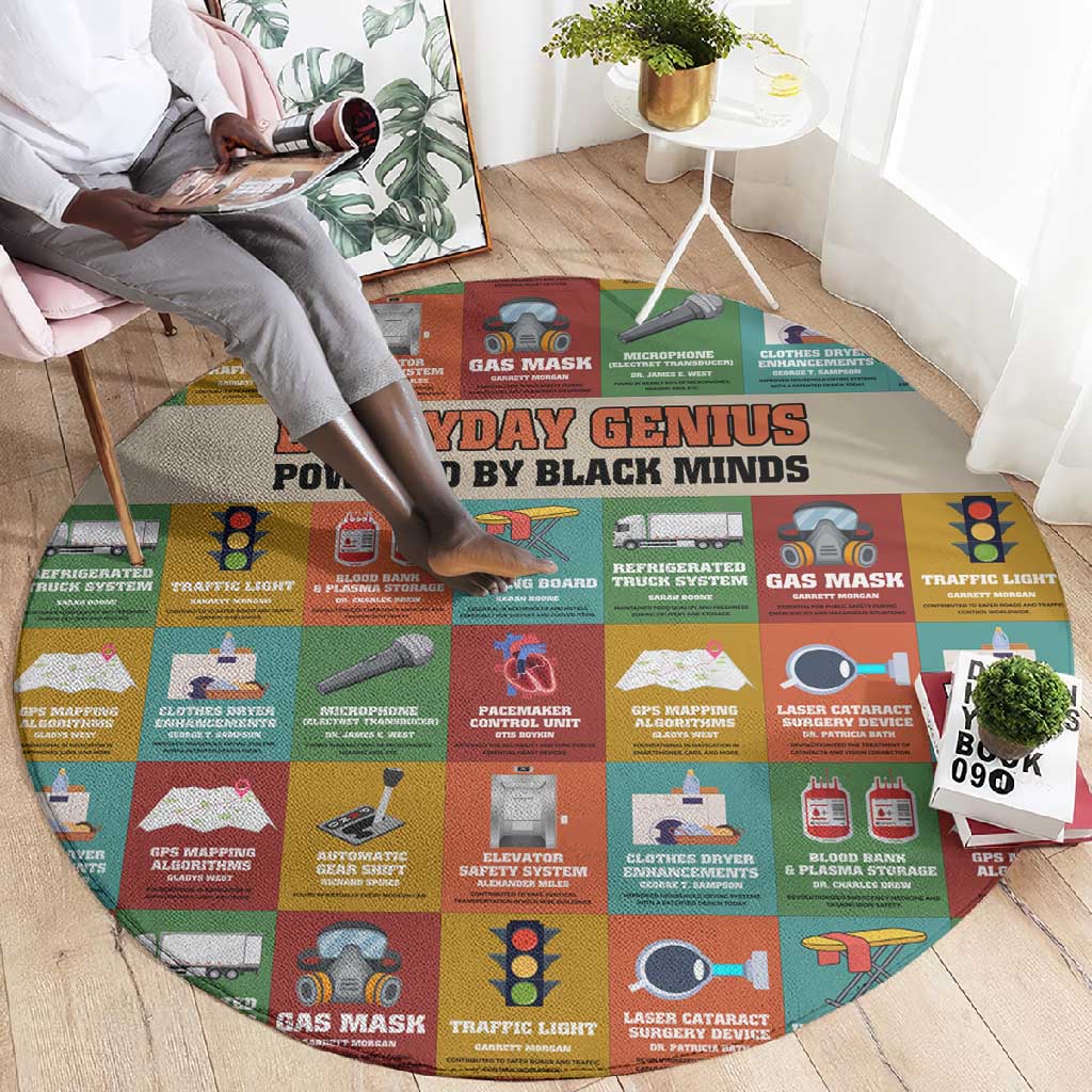 Everyday Genius Powered by Black Minds Round Carpet with Colorful Invention Icons Pattern - African Pride