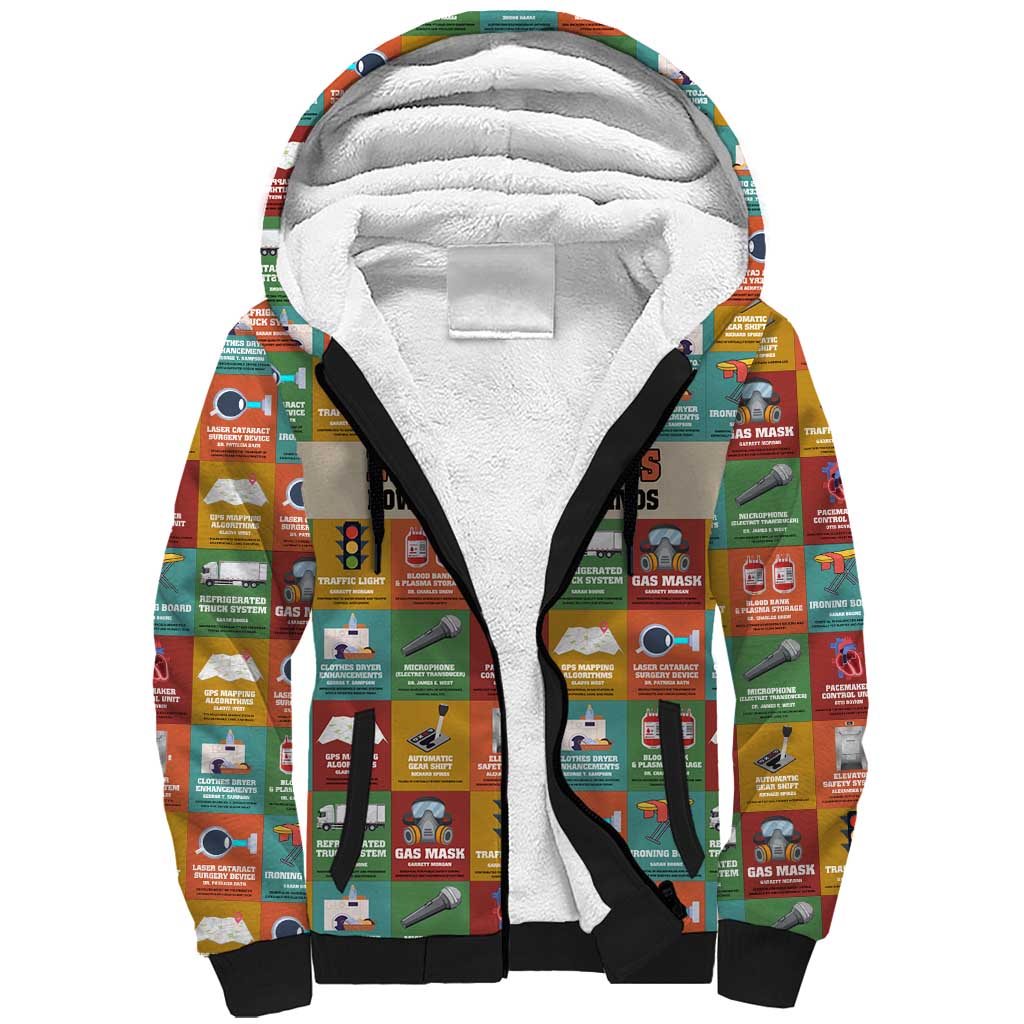 Everyday Genius Powered by Black Minds Sherpa Hoodie with Colorful Invention Icons Pattern - African Pride