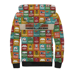 Everyday Genius Powered by Black Minds Sherpa Hoodie with Colorful Invention Icons Pattern - African Pride