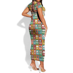 Everyday Genius Powered by Black Minds Short Sleeve Bodycon Dress with Colorful Invention Icons Pattern - African Pride