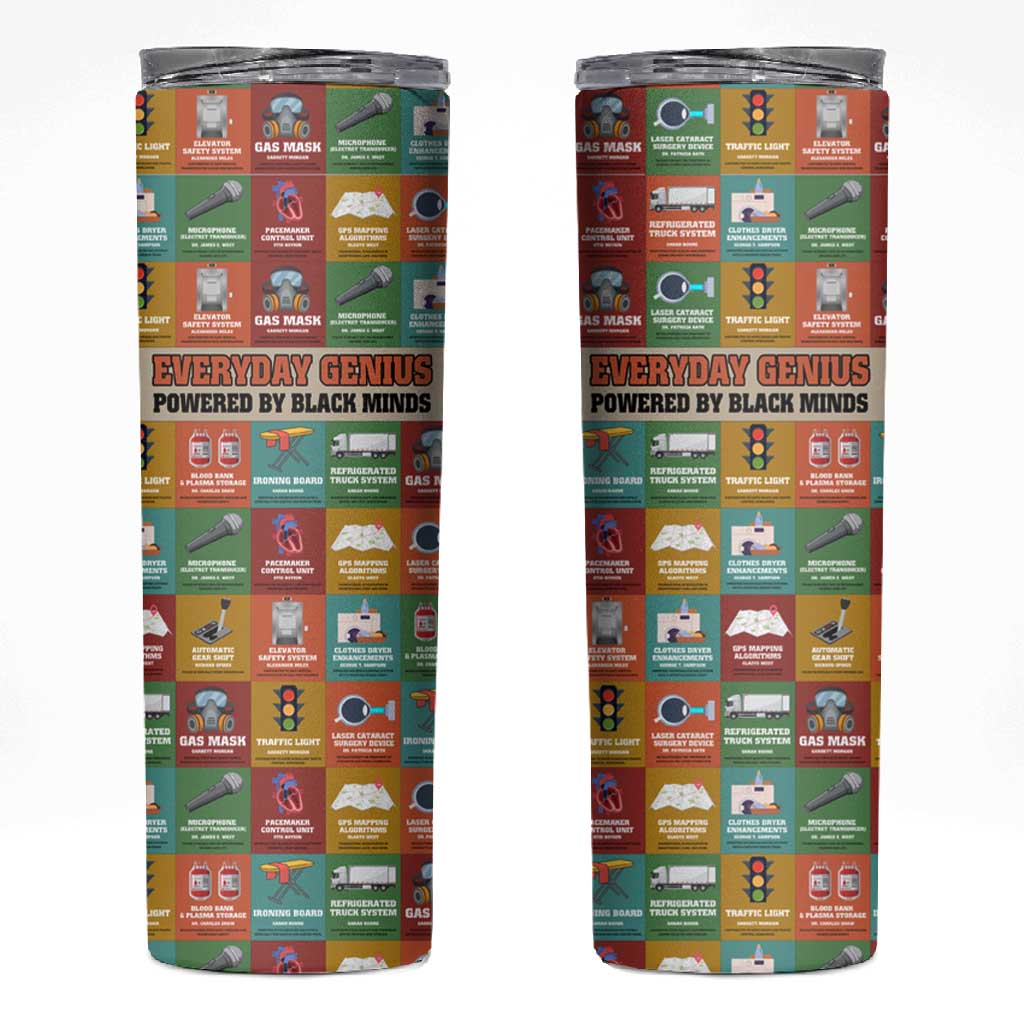 Everyday Genius Powered by Black Minds Skinny Tumbler with Colorful Invention Icons Pattern - African Pride