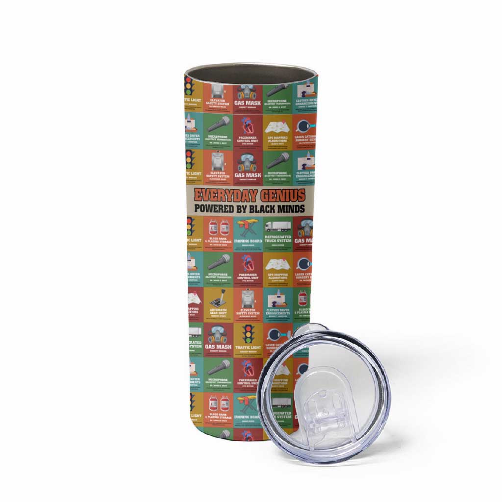 Everyday Genius Powered by Black Minds Skinny Tumbler with Colorful Invention Icons Pattern - African Pride