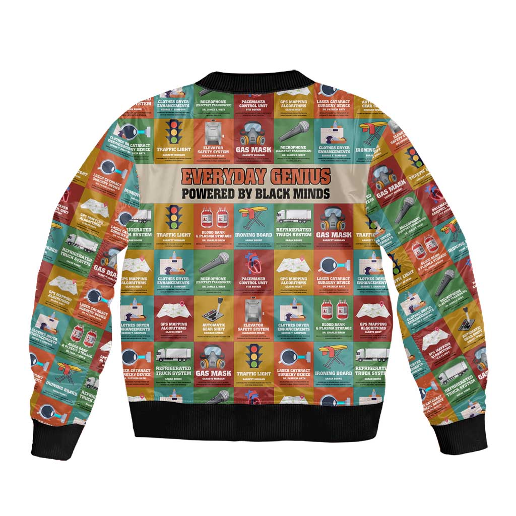 Everyday Genius Powered by Black Minds Sleeve Zip Bomber Jacket with Colorful Invention Icons Pattern - African Pride