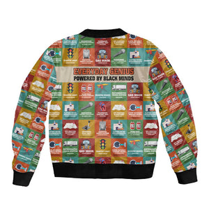 Everyday Genius Powered by Black Minds Sleeve Zip Bomber Jacket with Colorful Invention Icons Pattern - African Pride