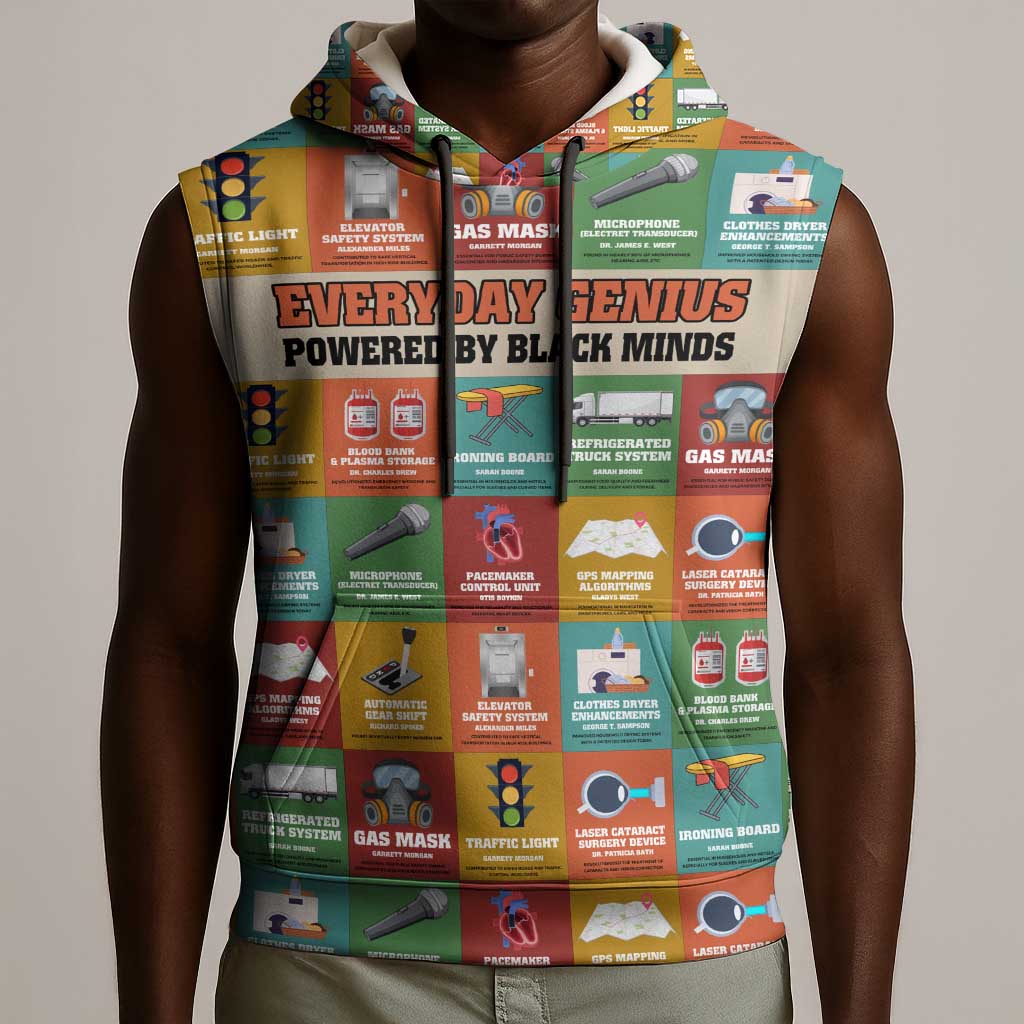 Everyday Genius Powered by Black Minds Sleeveless Hoodie with Colorful Invention Icons Pattern - African Pride