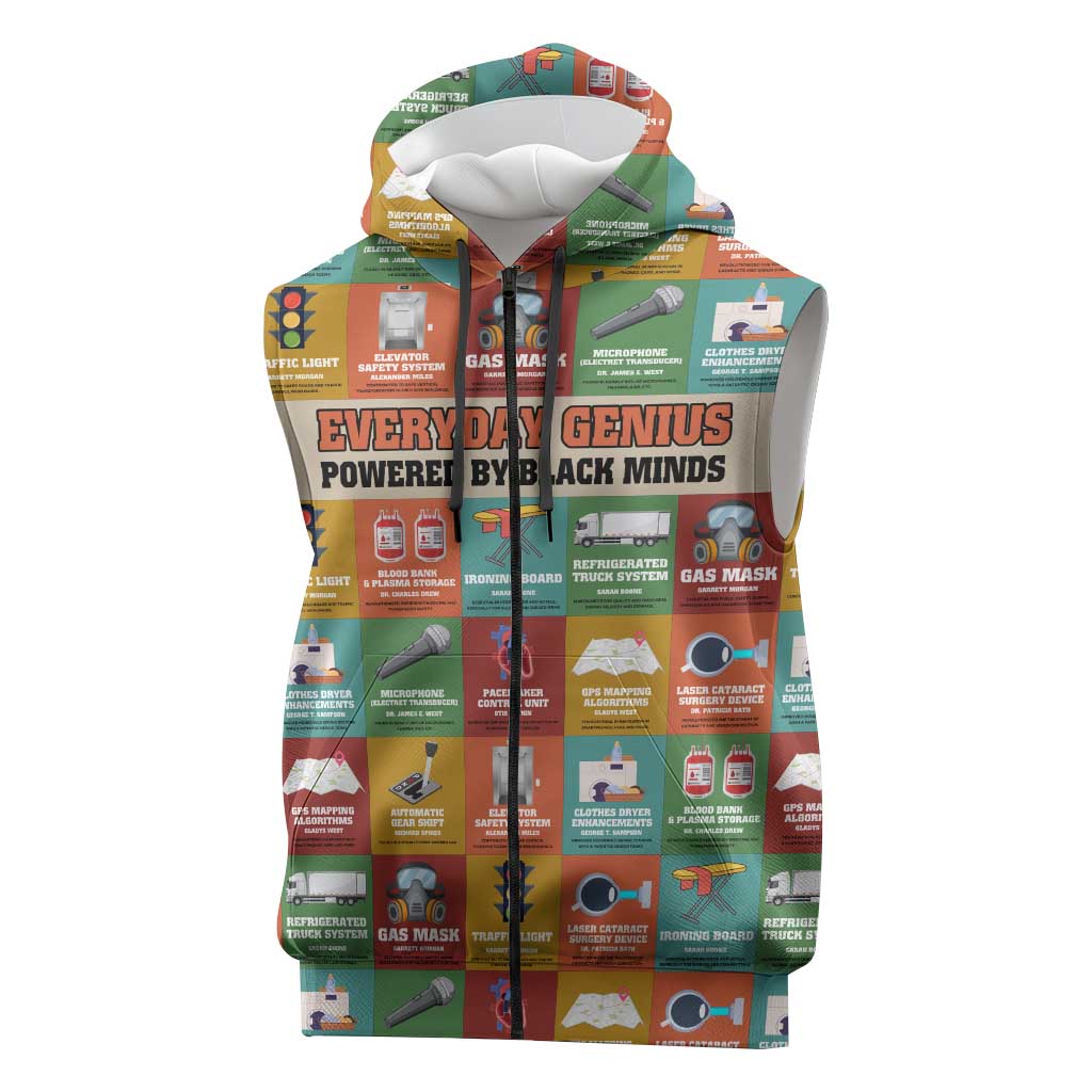 Everyday Genius Powered by Black Minds Sleeveless Zip Hoodie with Colorful Invention Icons Pattern - African Pride