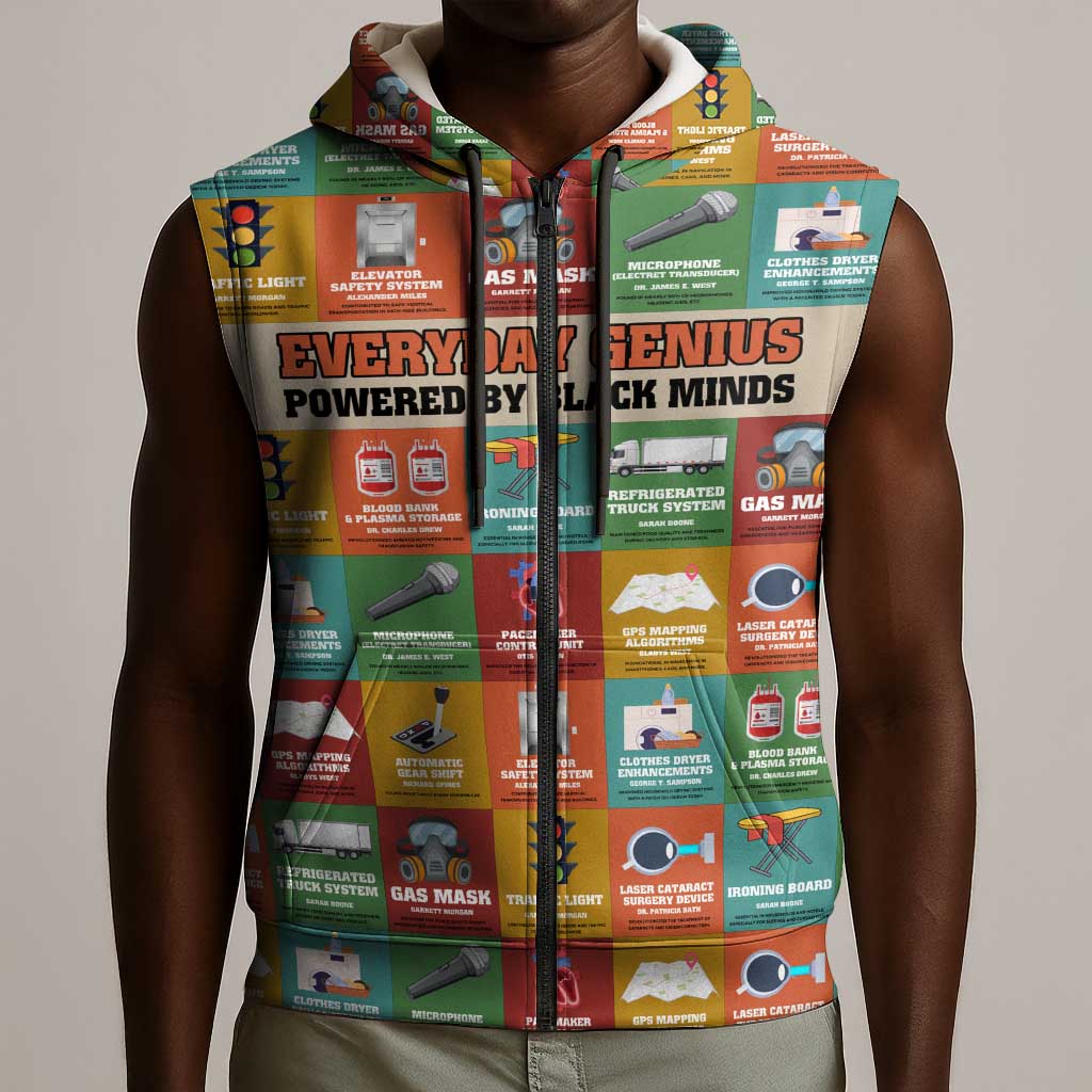 Everyday Genius Powered by Black Minds Sleeveless Zip Hoodie with Colorful Invention Icons Pattern - African Pride