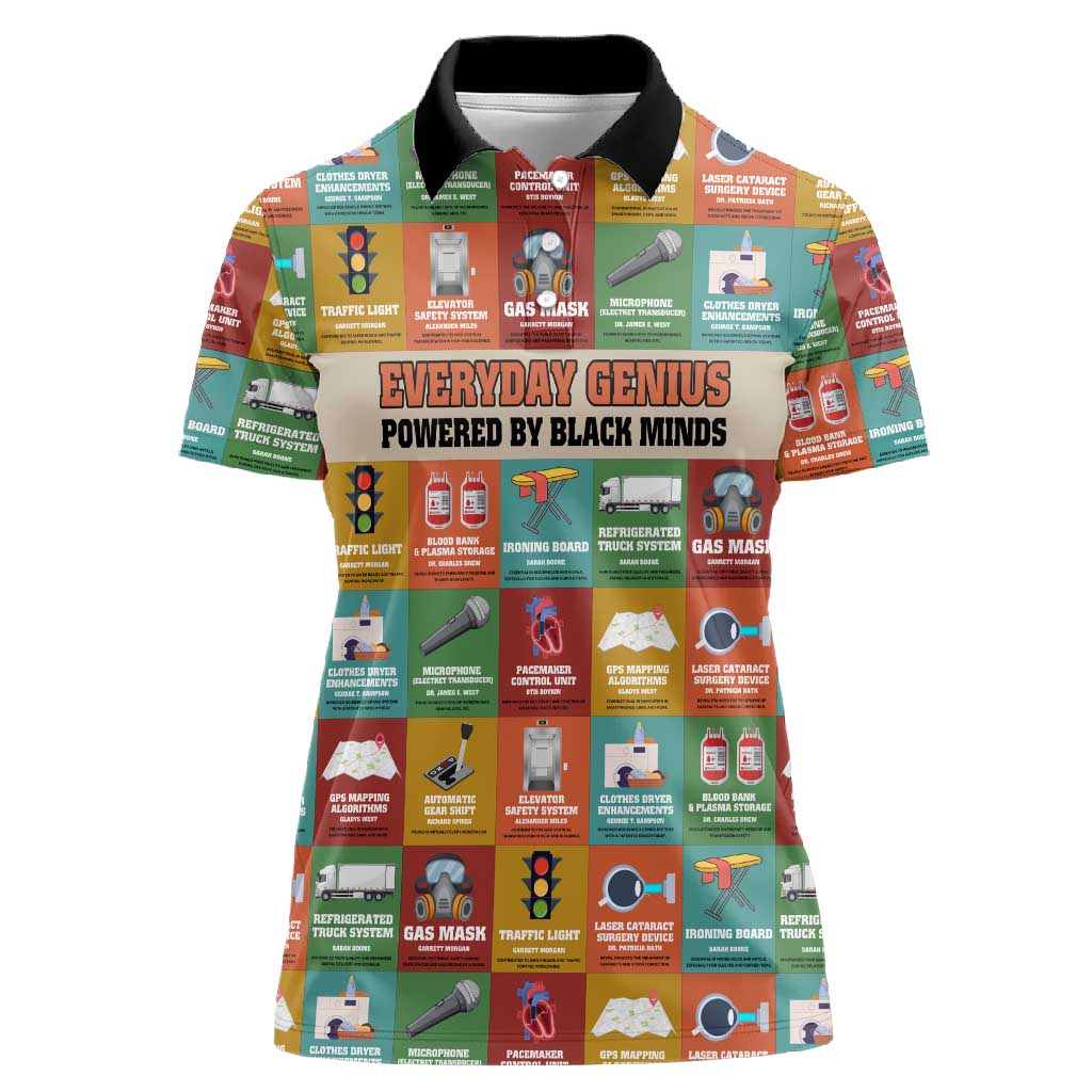 Everyday Genius Powered by Black Minds Women Polo Shirt with Colorful Invention Icons Pattern - African Pride