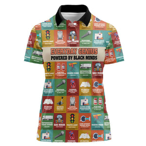 Everyday Genius Powered by Black Minds Women Polo Shirt with Colorful Invention Icons Pattern - African Pride