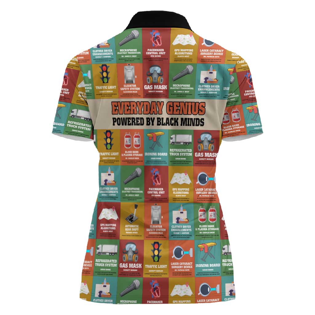 Everyday Genius Powered by Black Minds Women Polo Shirt with Colorful Invention Icons Pattern - African Pride