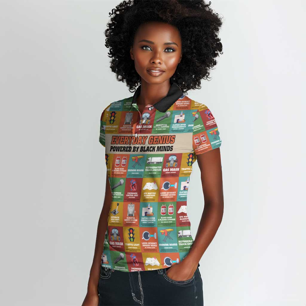Everyday Genius Powered by Black Minds Women Polo Shirt with Colorful Invention Icons Pattern - African Pride