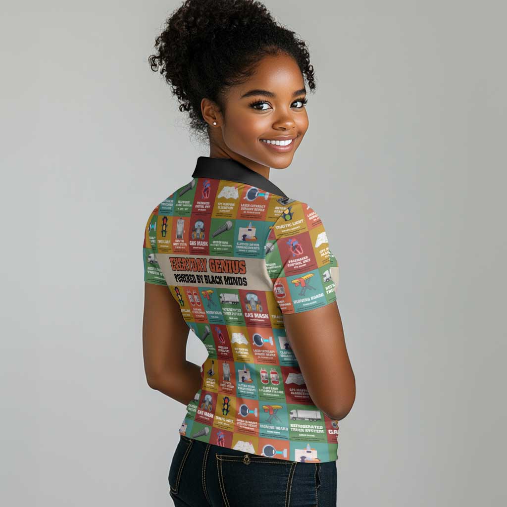 Everyday Genius Powered by Black Minds Women Polo Shirt with Colorful Invention Icons Pattern - African Pride