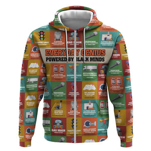 Everyday Genius Powered by Black Minds Zip Hoodie with Colorful Invention Icons Pattern - African Pride