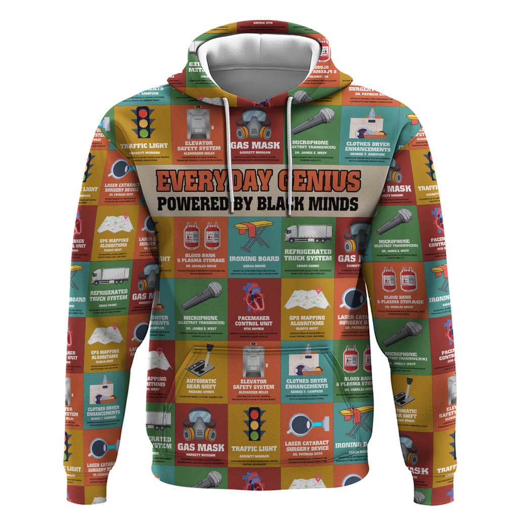 Everyday Genius Powered by Black Minds Zip Hoodie with Colorful Invention Icons Pattern - African Pride