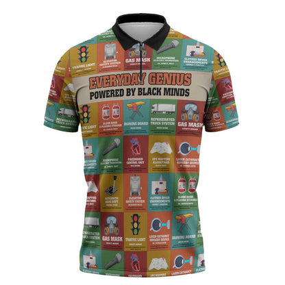 Everyday Genius Powered by Black Minds Zipper Polo Shirt with Colorful Invention Icons Pattern - African Pride