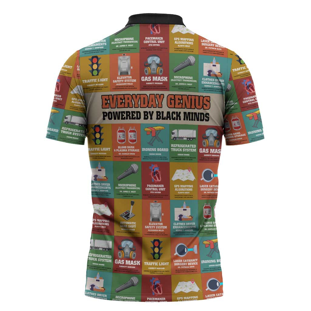 Everyday Genius Powered by Black Minds Zipper Polo Shirt with Colorful Invention Icons Pattern - African Pride