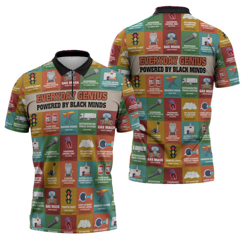 Everyday Genius Powered by Black Minds Zipper Polo Shirt with Colorful Invention Icons Pattern - African Pride