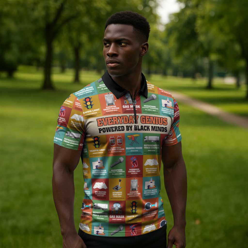Everyday Genius Powered by Black Minds Zipper Polo Shirt with Colorful Invention Icons Pattern - African Pride