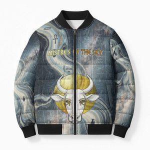 Hesat Celestial Cow Egyptian Bomber Puffer Jacket with Mythic Sky Motif in Cosmic Theme