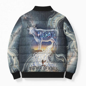 Hesat Celestial Cow Egyptian Bomber Puffer Jacket with Mythic Sky Motif in Cosmic Theme