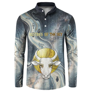 Hesat Celestial Cow Egyptian Button Sweatshirt with Mythic Sky Motif in Cosmic Theme