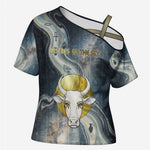 Hesat Celestial Cow Egyptian Cross Shoulder Shirt with Mythic Sky Motif in Cosmic Theme