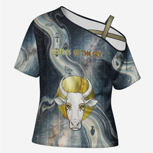 Hesat Celestial Cow Egyptian Cross Shoulder Shirt with Mythic Sky Motif in Cosmic Theme