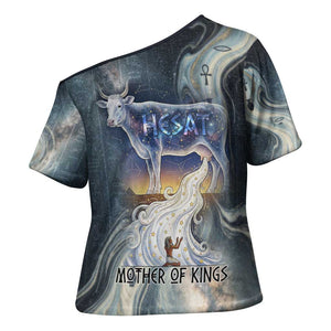 Hesat Celestial Cow Egyptian Cross Shoulder Shirt with Mythic Sky Motif in Cosmic Theme