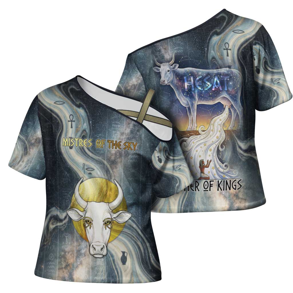 Hesat Celestial Cow Egyptian Cross Shoulder Shirt with Mythic Sky Motif in Cosmic Theme