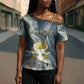 Hesat Celestial Cow Egyptian Cross Shoulder Shirt with Mythic Sky Motif in Cosmic Theme