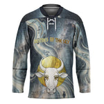 Hesat Celestial Cow Egyptian Hockey Jersey with Mythic Sky Motif in Cosmic Theme
