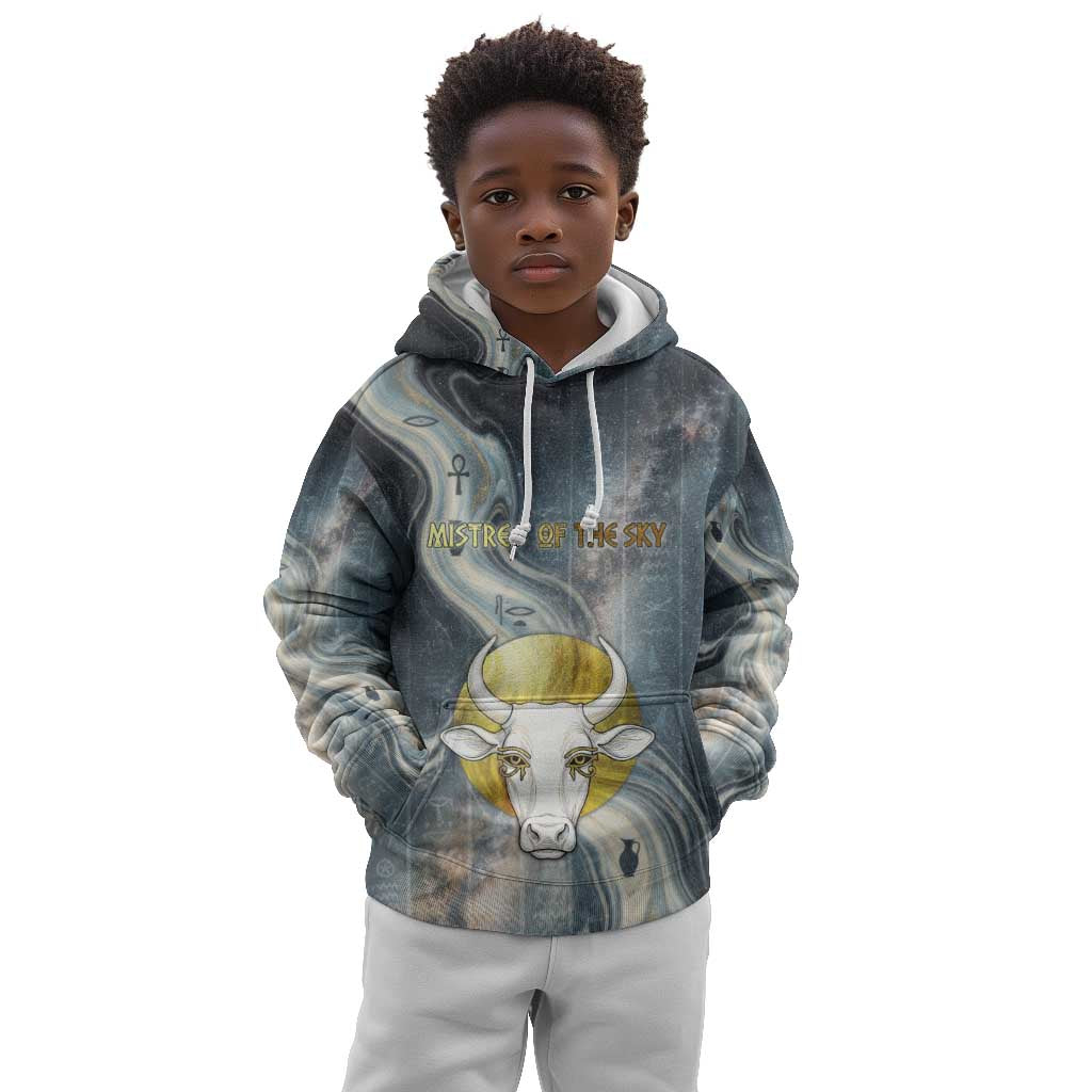 Hesat Celestial Cow Egyptian Kid Hoodie with Mythic Sky Motif in Cosmic Theme