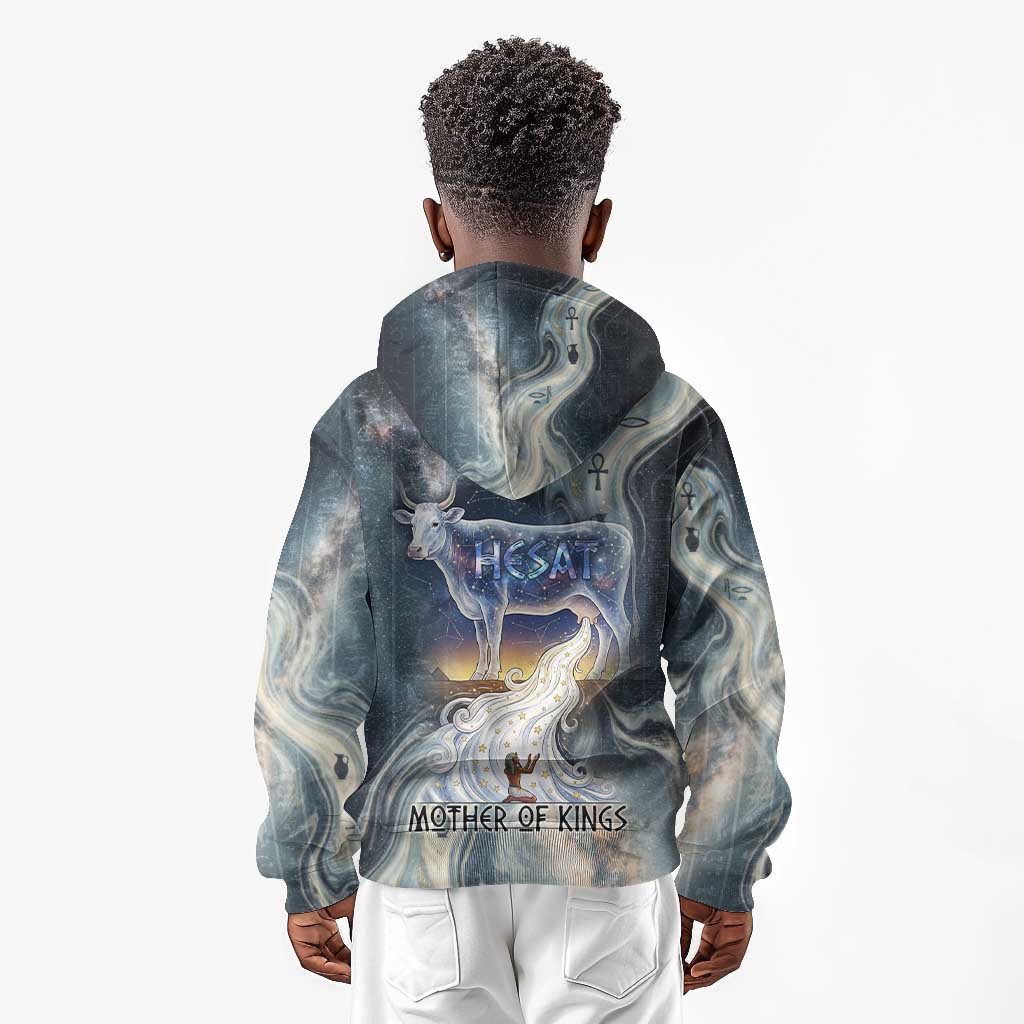 Hesat Celestial Cow Egyptian Kid Hoodie with Mythic Sky Motif in Cosmic Theme