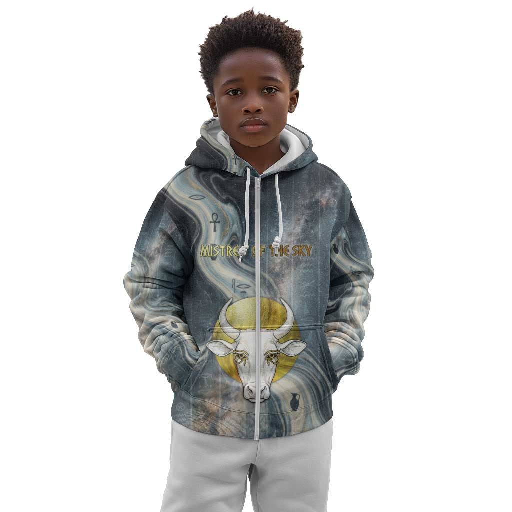 Hesat Celestial Cow Egyptian Kid Hoodie with Mythic Sky Motif in Cosmic Theme