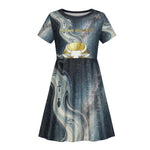 Hesat Celestial Cow Egyptian Kid Short Sleeve Dress with Mythic Sky Motif in Cosmic Theme