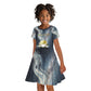 Hesat Celestial Cow Egyptian Kid Short Sleeve Dress with Mythic Sky Motif in Cosmic Theme