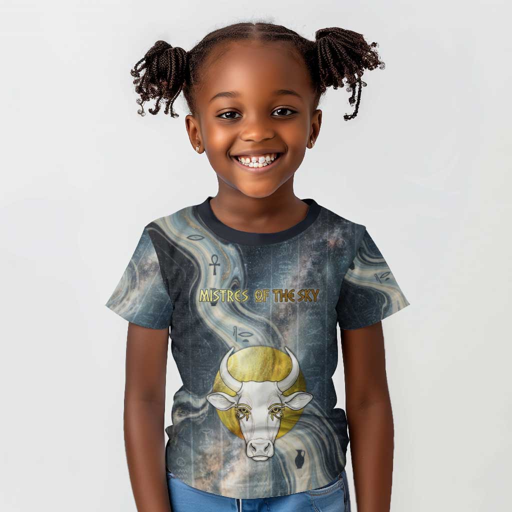 Hesat Celestial Cow Egyptian Kid T shirt with Mythic Sky Motif in Cosmic Theme