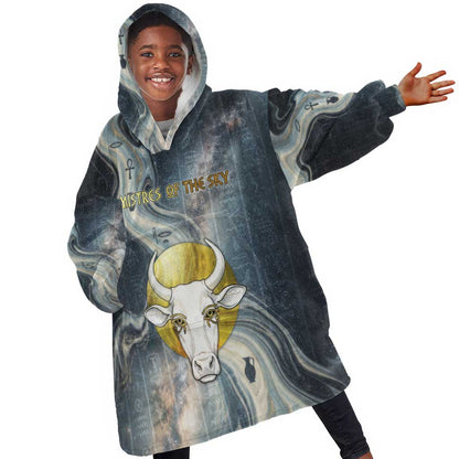 Hesat Celestial Cow Egyptian Kid Wearable Blanket Hoodie with Mythic Sky Motif in Cosmic Theme