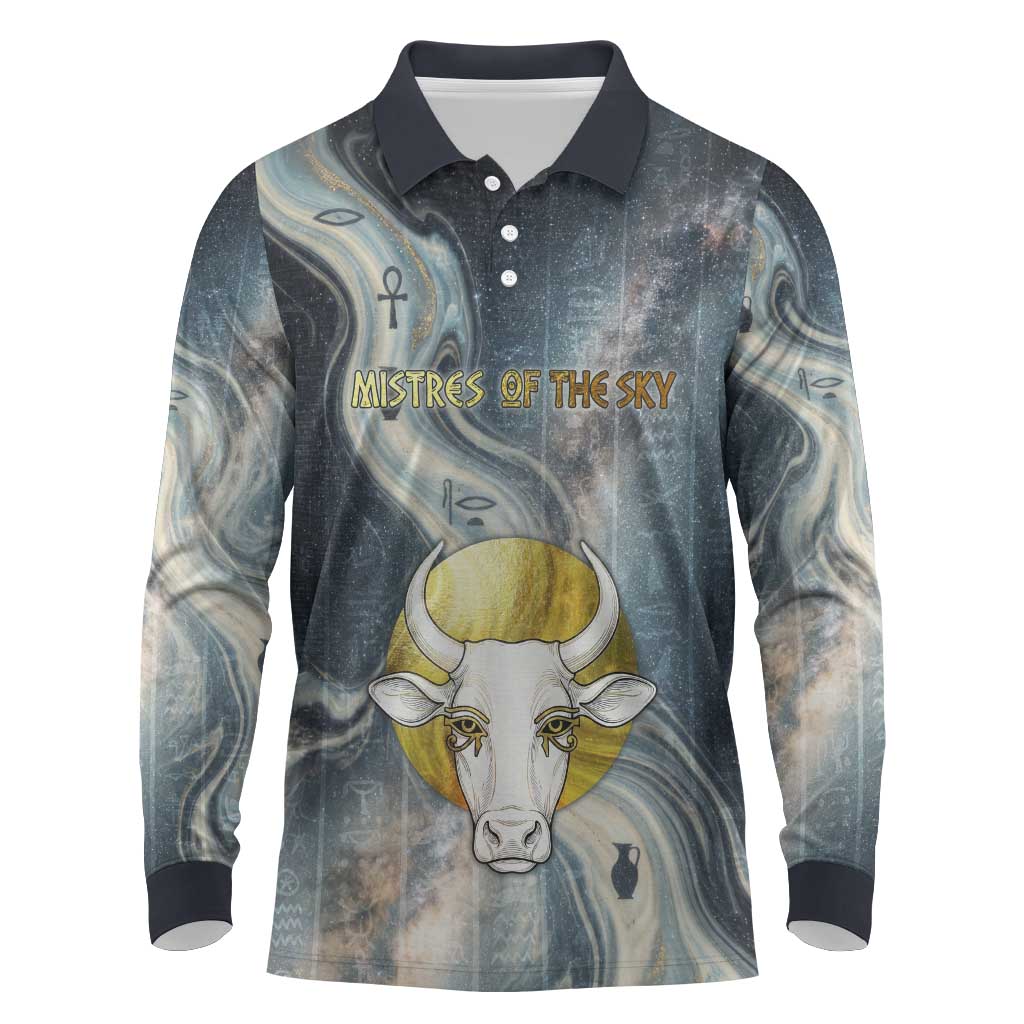 Hesat Celestial Cow Egyptian Long Sleeve Polo Shirt with Mythic Sky Motif in Cosmic Theme