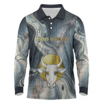 Hesat Celestial Cow Egyptian Long Sleeve Polo Shirt with Mythic Sky Motif in Cosmic Theme