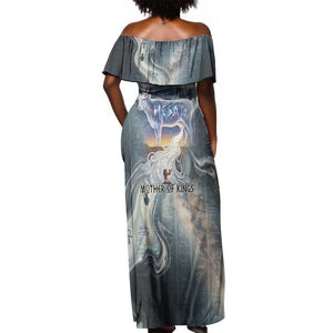 Hesat Celestial Cow Egyptian Off Shoulder Maxi Dress with Mythic Sky Motif in Cosmic Theme
