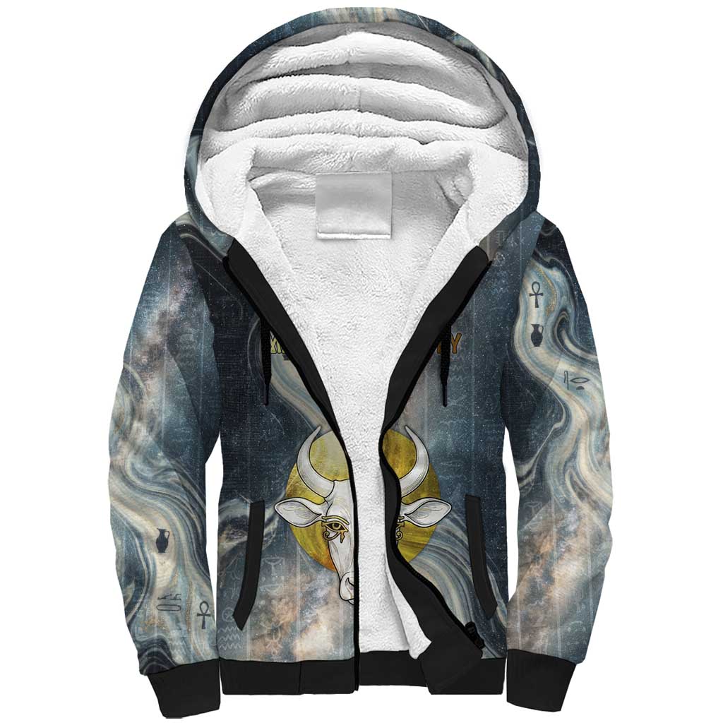 Hesat Celestial Cow Egyptian Sherpa Hoodie with Mythic Sky Motif in Cosmic Theme