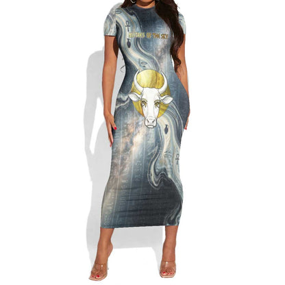 Hesat Celestial Cow Egyptian Short Sleeve Bodycon Dress with Mythic Sky Motif in Cosmic Theme