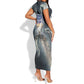 Hesat Celestial Cow Egyptian Short Sleeve Bodycon Dress with Mythic Sky Motif in Cosmic Theme