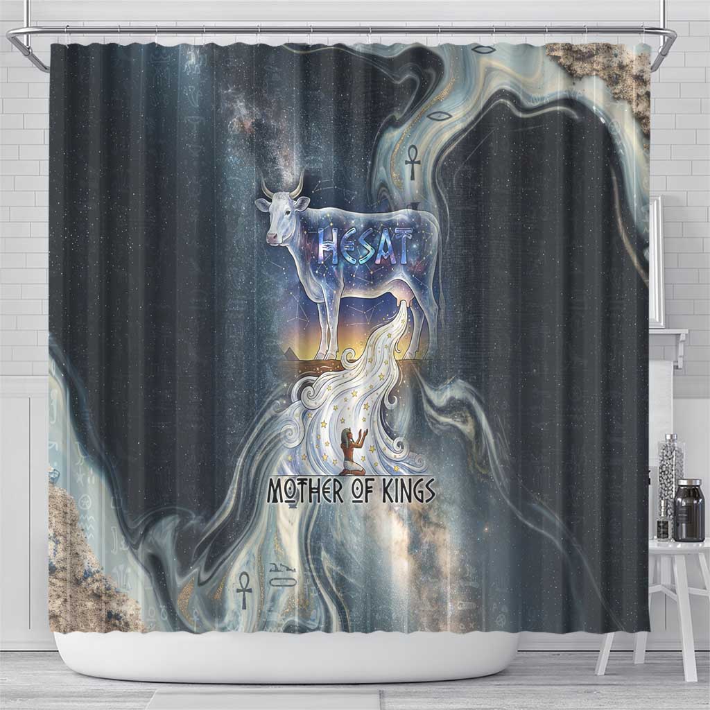 Hesat Celestial Cow Egyptian Shower Curtain with Mythic Sky Motif in Cosmic Theme