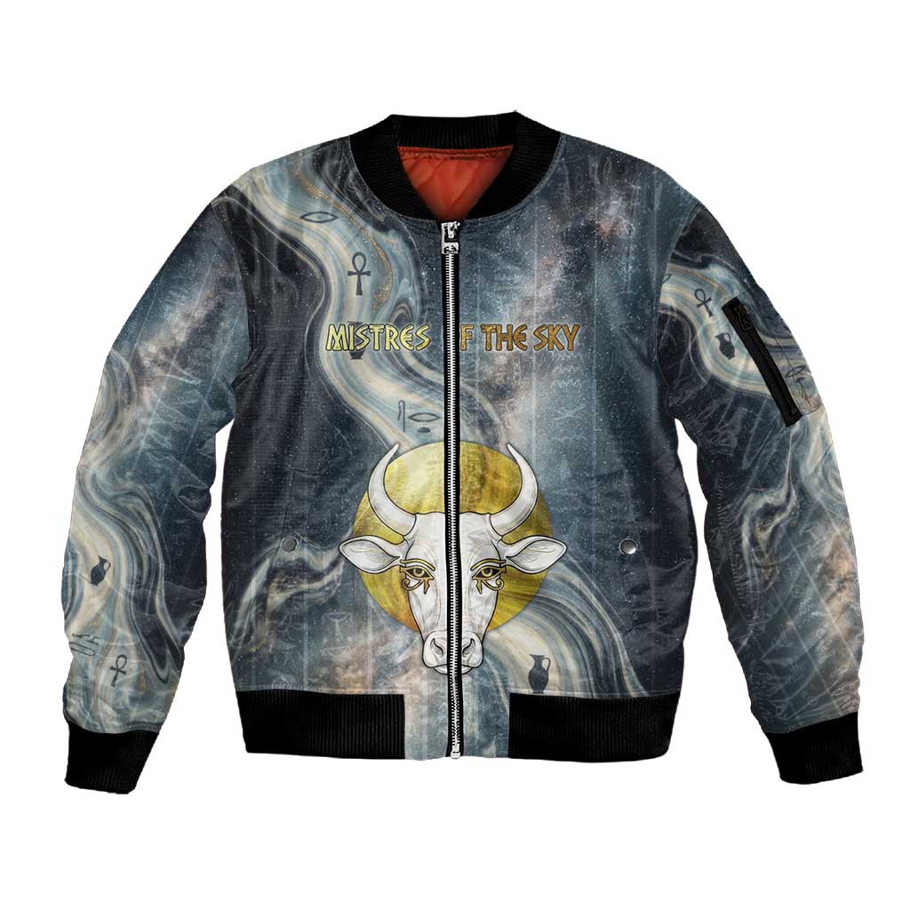 Hesat Celestial Cow Egyptian Sleeve Zip Bomber Jacket with Mythic Sky Motif in Cosmic Theme